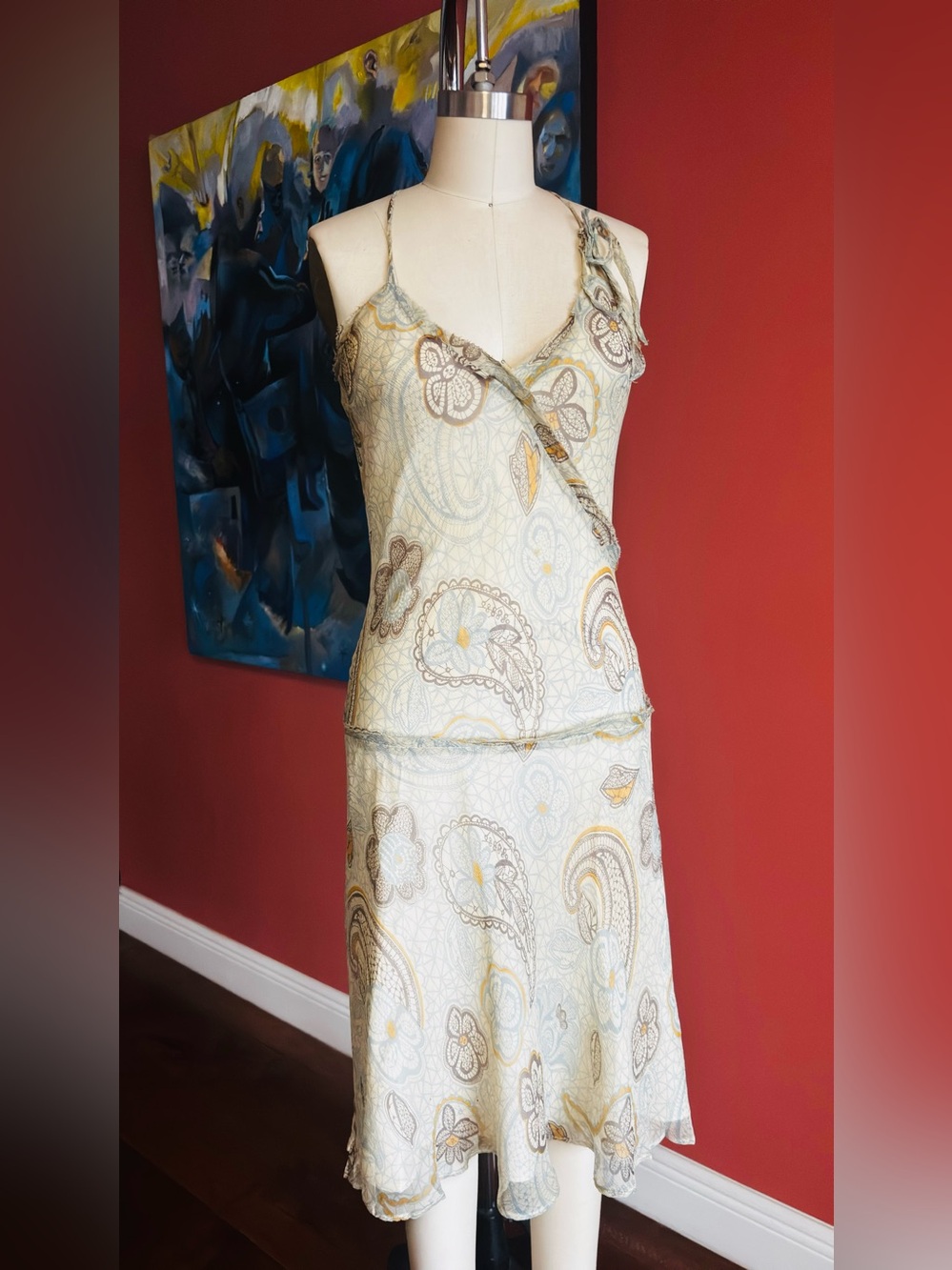 100% Silk Mango Ivory Paisley-Print Midi Slip Dress with Taupe and Yellow Accent